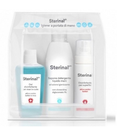 STERINAL PH KIT SCUOLA & VIAGGIO 1 GEL IGIENIZZANTE MANI 75ML + 1 STERINAL SPRAY SUPERFICI 100 ML + 1 SAPONE MANI CON CLOREXIDINA 100 ML